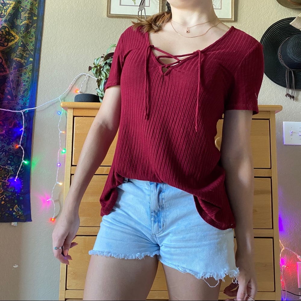 Simple + soft maroon lace up scoop neck tee